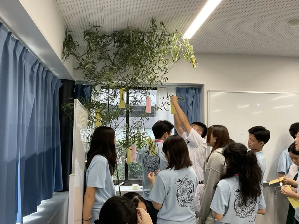 교실 창가에 세운 대나무에 소원을 적은 단자쿠를 매다는 학생들