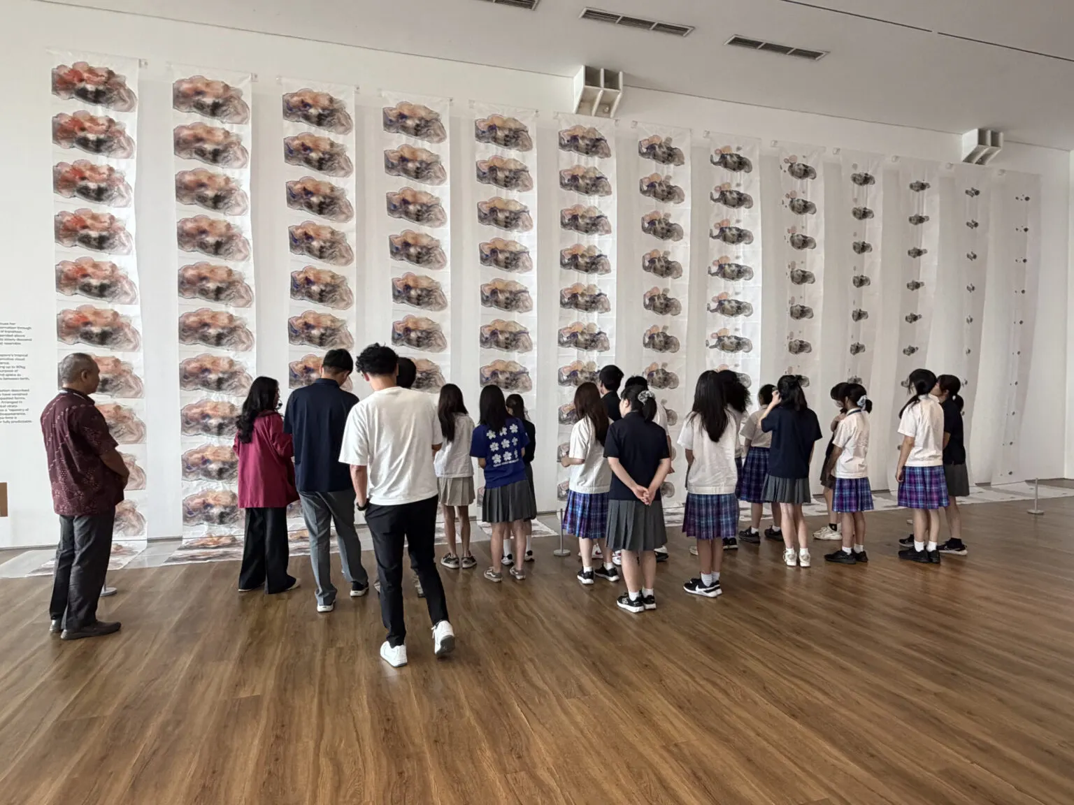 긴 종이에 같은 그림이 반복된 대형 작품이 걸린 전시실에서 작품을 감상하는 학생들과 인솔자들